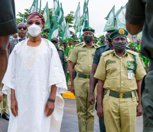 Minister of Interior, Ogbeni Rauf Aregbesola and the CG of NCOS, Nababa Haliru, during the commissioning of the newly constructed NCOS facility at Gbogan/Ibadan Road in the state of Osun today.