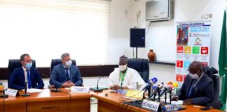 PS Political & Economic Affairs, OSGF, Mr. Andrew Adejo (R), Ag DG NAEC, Yusuf Ahmed(2nd R), the Vice President JSC RUSATOM, Mr. Anton Moskvin (L) when delegation from Russia paid SGF a courtesy visit