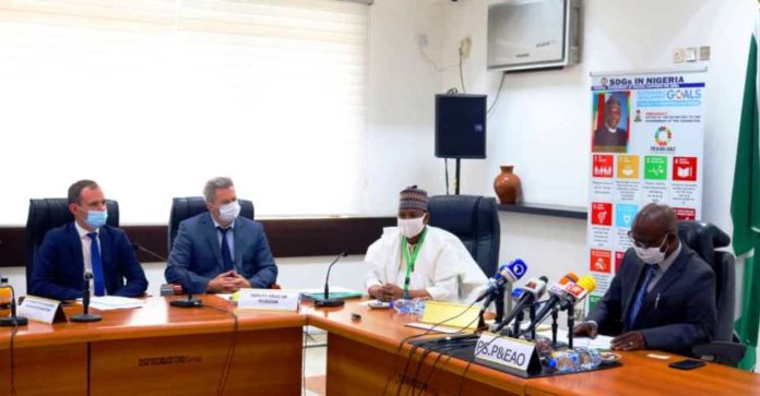 PS Political & Economic Affairs, OSGF, Mr. Andrew Adejo (R), Ag DG NAEC, Yusuf Ahmed(2nd R), the Vice President JSC RUSATOM, Mr. Anton Moskvin (L) when delegation from Russia paid SGF a courtesy visit PS Political & Economic Affairs, OSGF, Mr. Andrew Adejo (R), Ag DG NAEC, Yusuf Ahmed(2nd R), the Vice President JSC RUSATOM, Mr. Anton Moskvin (L) when delegation from Russia paid SGF a courtesy visit