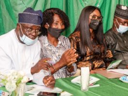 L-R: Mr. Momoh Olugbenga, Director Enterprise Development & Promotion Dept;( Rep. Permament Secretary, FMYSD); Mrs. Omotade Olusola, Director Human Resource Mgt. Dept. Office of Auditor General of the Federation; Rep. Of D.G. S.D.G.; Mr. Edeh Ogaba, Director Enterprise Youth Devlpt. Dept. (FMYSD)