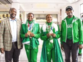 L-R: Hon. Minister, Fed. Ministry of Youth & Sports Devlpt. Mr. Sunday Dare (Led Team Nigeria Contingent Arrival); ESE Brume (Olympian-Bronze Medalist Long Jump); Blessing Oborududu (Olympian-Silver Medalist Wrestling); Mr. Nebeolisa Anako, Permanent Secretary(FMYSD) @ the Nnamdi Azikiwe Int'l Airport, Abuja-August 7, 2021