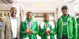 L-R: Hon. Minister, Fed. Ministry of Youth & Sports Devlpt. Mr. Sunday Dare (Led Team Nigeria Contingent Arrival); ESE Brume (Olympian-Bronze Medalist Long Jump); Blessing Oborududu (Olympian-Silver Medalist Wrestling); Mr. Nebeolisa Anako, Permanent Secretary(FMYSD) @ the Nnamdi Azikiwe Int'l Airport, Abuja-August 7, 2021
