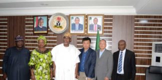 L - R: The Acting Director, Investment Promotion and Minerals Trade (IPMT), Ministry of Mines and Steel Development, Mr. Yunusa Mohammed, Permanent Secretary of the Ministry, Dr. Oluwatoyin Akinlade, Minister of Mines and Steel Development, Arc. Olamilekan Adegbite with the delegates from China Railway Investment Group Limited during their official visit to the Minister at the Ministry's Headquarters