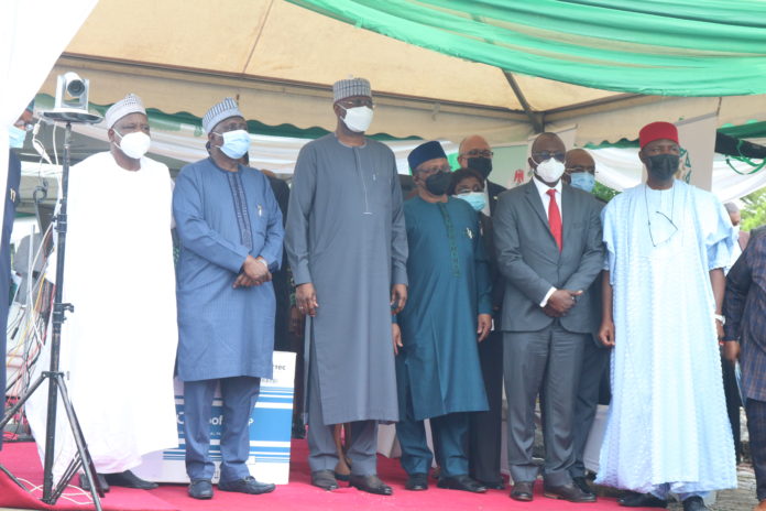 SGF, Boss Mustapha (3rd L), Minister of Health, Dr. Osagie Ehanire (3rd R), Se. Chukwuka Utazi (R), some NASS members and some members of PSC on Covid-19 during the Covid-19 vaccine flag-off