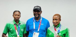 Silver Medalist Blessing Oborududu and bronze medalist Ese Brume with Sunday Dare