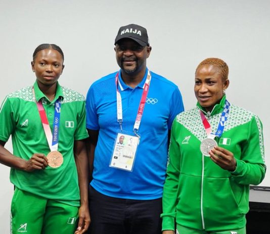 Silver Medalist Blessing Oborududu and bronze medalist Ese Brume with Sunday Dare