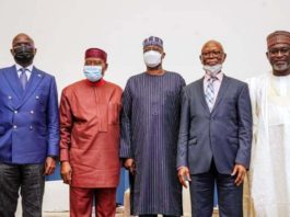 Special Guest of Honour and Secretary to the Government of the Federation, Mr Boss Mustapha (middle); Hon. Minister of Works and Housing, Mr. Babatunde Fashola, SAN (left); his Water Resources counterpart, Engr. Suleiman Adamu (right); former Chairman of the All Progressives Congress (APC) and Chairman of the event, Chief John Odigie-Oyegun (2nd right) and Chairman, Business Hallmark Public Policy Forum, Chief Marc Wabara (2nd left) in a group photograph shortly after the Special TownHall Meeting with the theme,” Nigeria Infrastructure Revolution: Road to a New Future”, organized by the Business Hallmark Public Policy Forum at the Shehu Musa Yar’Adua Centre, Abuja