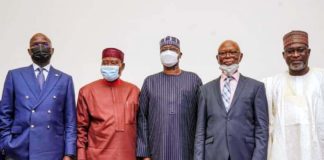 Special Guest of Honour and Secretary to the Government of the Federation, Mr Boss Mustapha (middle); Hon. Minister of Works and Housing, Mr. Babatunde Fashola, SAN (left); his Water Resources counterpart, Engr. Suleiman Adamu (right); former Chairman of the All Progressives Congress (APC) and Chairman of the event, Chief John Odigie-Oyegun (2nd right) and Chairman, Business Hallmark Public Policy Forum, Chief Marc Wabara (2nd left) in a group photograph shortly after the Special TownHall Meeting with the theme,” Nigeria Infrastructure Revolution: Road to a New Future”, organized by the Business Hallmark Public Policy Forum at the Shehu Musa Yar’Adua Centre, Abuja