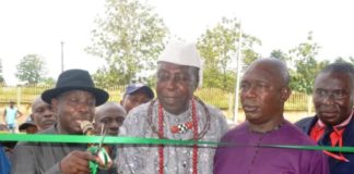 Director of Empowerment, Mr. Philip Ndiomu and Community leaders of Uwheru Community during the commissioning and handing over of block of six classrooms