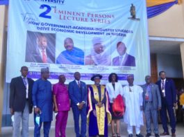 From left University of igbenideon librarian ( Dr. Lucky Abdulsalam) Abdulhadi Abdullahi ( special assistant to HMOs) Dr. Samuel Oghene Etatuvie ( DG Nigerian Natural Medicine Development Agency NNMD) Dr.Prof. Vice Chancellor University of Igbenideon ( Prof. Lawrence Ikechukwu Ezemonye) Minister of State Science, Technology and Innovation ( Mohammed Abdullahi) Dr. Yemisi Asabgra ( Acting DG Federal Institute of Industrial Research Oshidi) Honourable Member Nasarawa State Assembly ( Mohammed Bello Abdullahi) Registrar to the university ( Mr. Friday Benji Bakare) Mr. Emmanuel Eghosa Imafidon. From the left to the right. During a lecture delivered by the Honourable minister at the university of Igbenideon.