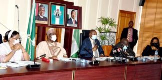 L-R PERMANENT SECRETARY, MINISTRY OF SPECIAL DUTIES AND INTERGOVERNMENTAL AFFAIRS Amb. ANTHONIA EKPA (PhD), HON. MINISTER OF SPECIAL DUTIES AND INTERGOVERNMENTAL AFFAIRS, SEN. GEORGE AKUME, HAGF ABUBAKAR MALAMI SAN, SOLICITOR GENERAL OF THE FEDERATION AND PERMANENT SECRETARY, FEDERAL MINISTRY OF JUSTICE, UMAR ETSU MOHAMMED AND Ag DIRECTOR ADMINISTRATION OF CRIMINAL JUSTICE AND REFORM DEPARTMENT, MRS LETICIA AYOOLA-DANIEL AT THE RECONVENED MEETING OF PRESIDENTIAL ADVISORY COMMITTEE ON PREROGATIVE OF MERCY (PACPM) ON TUESDAY 28 SEPTEMBER, 2021 AT THE HAGF’S CONFERENCE ROOM, FEDERAL MINISTRY OF JUSTICE ABUJA