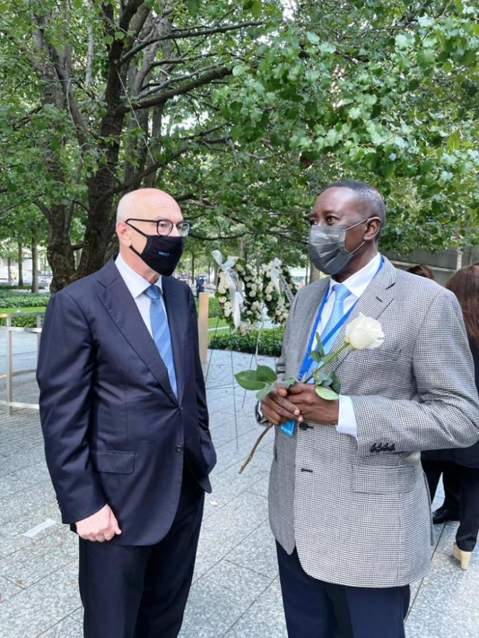 laying of memorial wreaths for victims of 9-11 attacks R-L:National Security Adviser, Major General Babagana Monguno (Rtd), Mr. Vladimir Voronkov, Under-Secretary-General for Counter Terrorism, United Nations Office of Counter-Terrorism (UNOCT), at the laying of memorial wreaths for victims of 9/11 attacks held at Memorial & Museum, New York City, USA, today