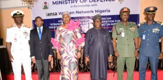 Representative of the Minister of Defence, Maj Gen Salihi Magashi, Mrs Olu Mustapha (M) and other representatives of the Service Chiefs during the National training Workshop in Abuja
