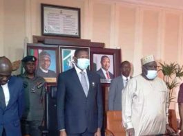 FROM LEFT SA MEDIA TO HAGF, DR UMAR GWANDU, HONOURABLE ATTORNEY GENERAL OF THE FEDERATION AND MINISTER OF JUSTICE (HAGF) ABUBAKAR MALAMI SAN, ACTING SOLICITOR GENERAL OF THE FEDERATION AND PERMANENT SECRETARY, FEDERAL MINISTRY OF JUSTICE MR U. E. MOHAMMED AND THE EXECUTIVE SECRETARY NATIONAL HUMAN RIGHTS COMMISSION, ANTHONY O. OJUKWU ESQ AT THE PRESS CONFERENCE ORGANISED TO PRESENT THE REPORT OF INVESTIGATION OF ACTS OF TERRORISM AND ALLIED OFFENCES PERPETRATED BY NNAMDI KANU AND REPORT ON THE SPONSORS AND FINANCIERS OF SUNDAY ADEYEMO (IGBOHO) AND ASSOCIATES IN ABUJA TODAY FRIDAY 22ND OCTOBER, 2021