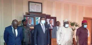 FROM LEFT SA MEDIA TO HAGF, DR UMAR GWANDU, HONOURABLE ATTORNEY GENERAL OF THE FEDERATION AND MINISTER OF JUSTICE (HAGF) ABUBAKAR MALAMI SAN, ACTING SOLICITOR GENERAL OF THE FEDERATION AND PERMANENT SECRETARY, FEDERAL MINISTRY OF JUSTICE MR U. E. MOHAMMED AND THE EXECUTIVE SECRETARY NATIONAL HUMAN RIGHTS COMMISSION, ANTHONY O. OJUKWU ESQ AT THE PRESS CONFERENCE ORGANISED TO PRESENT THE REPORT OF INVESTIGATION OF ACTS OF TERRORISM AND ALLIED OFFENCES PERPETRATED BY NNAMDI KANU AND REPORT ON THE SPONSORS AND FINANCIERS OF SUNDAY ADEYEMO (IGBOHO) AND ASSOCIATES IN ABUJA TODAY FRIDAY 22ND OCTOBER, 2021