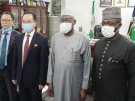 L-R: First Secretary, Kim Chon, Korea Republic Ambassador to Nigeria, Jon Tong Chol, Minister of Police Affairs, Dr. Muhammad Maigari Dingyadi, and Permanent Secretary, Tope Fashedemi, during a courtesy visit to the Ministry’s Headquarters in Abuja