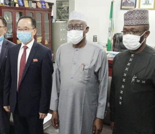 L-R: First Secretary, Kim Chon, Korea Republic Ambassador to Nigeria, Jon Tong Chol, Minister of Police Affairs, Dr. Muhammad Maigari Dingyadi, and Permanent Secretary, Tope Fashedemi, during a courtesy visit to the Ministry’s Headquarters in Abuja