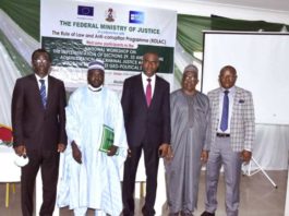 Representative of the SGF/Permanent Secretary, Federal Ministry of Justice and Director of Public Prosecution of the Federation, Muhammed Babadoko Abubakar, Co- Chairman, Prof Tabiu Mohammed, Secretary of the Federal Justice Sector Reform, Felix Ota-Okojie, Special Assistant to the AGF on Media and Public Relations, Dr. Umar Jibrilu Gwandu and other participants in a photo session at the National Sensitization Workshop on Implementation of Administration of Criminal Justice Act, 2015 held in Yola, Adamawa State on the 5th October, 2021
