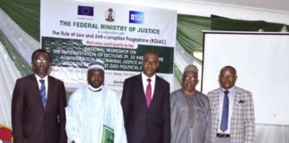 Representative of the SGF/Permanent Secretary, Federal Ministry of Justice and Director of Public Prosecution of the Federation, Muhammed Babadoko Abubakar, Co- Chairman, Prof Tabiu Mohammed, Secretary of the Federal Justice Sector Reform, Felix Ota-Okojie, Special Assistant to the AGF on Media and Public Relations, Dr. Umar Jibrilu Gwandu and other participants in a photo session at the National Sensitization Workshop on Implementation of Administration of Criminal Justice Act, 2015 held in Yola, Adamawa State on the 5th October, 2021
