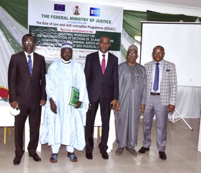 Representative of the SGF/Permanent Secretary, Federal Ministry of Justice and Director of Public Prosecution of the Federation, Muhammed Babadoko Abubakar, Co- Chairman, Prof Tabiu Mohammed, Secretary of the Federal Justice Sector Reform, Felix Ota-Okojie, Special Assistant to the AGF on Media and Public Relations, Dr. Umar Jibrilu Gwandu and other participants in a photo session at the National Sensitization Workshop on Implementation of Administration of Criminal Justice Act, 2015 held in Yola, Adamawa State on the 5th October, 2021