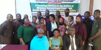 left – right, Deputy Director, Ocupational Safety and Health, Federal Ministry of Labour and Employment, Dr Ummu Abubakar, Director, Ocupational Safety and Health, Federal Ministry of Labour and Employment, Mrs Adogu Lauretta, Retired Deputy Director, Federal Ministry of Labour, Ogunmoko Babatunde with the participants of Technical Retreat on the Review of Obsolate Occupational Safety and Health Regulations for Factory Inspectors