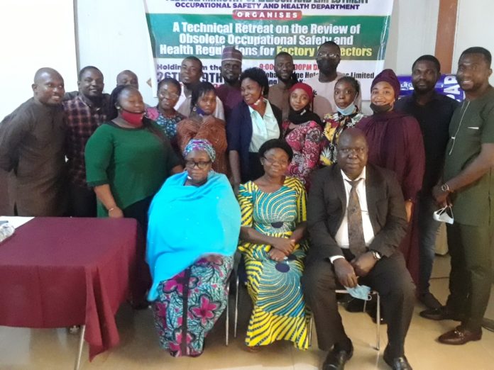 Obsolate Occupational Safety and Health Regulations left – right, Deputy Director, Ocupational Safety and Health, Federal Ministry of Labour and Employment, Dr Ummu Abubakar, Director, Ocupational Safety and Health, Federal Ministry of Labour and Employment, Mrs Adogu Lauretta, Retired Deputy Director, Federal Ministry of Labour, Ogunmoko Babatunde with the participants of Technical Retreat on the Review of Obsolate Occupational Safety and Health Regulations for Factory Inspectors