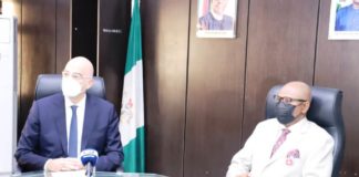 His Excellency Nikolaos Dendias, Greece Foreign Affairs Minister with the Honourable Minister of State for Health, Dr. Olorunnimbe Mamora