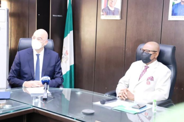 His Excellency Nikolaos Dendias, Greece Foreign Affairs Minister with the Honourable Minister of State for Health, Dr. Olorunnimbe Mamora
