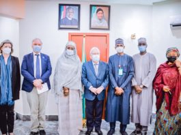 (3rd Left) The Honourable Minster of Humanitarian Affairs, Disaster Management and Social Development, Sadiya Umar Farouq, (3rd Right) The Permanent Secretary of the Ministry, Bashir Nura Alkali, (2nd Right) DirectorHumanitarianAffairs, Grema Ali Alhaji, (1st Right) Director Special Duties, Nadia Soso Muhammed (4th Right) UN - Under Secretary General, Emergency Relief Coordinator, Mr Martin Griffiths, and other dignitaries, during the Meeting between the Honourable Minster and The UN-Secretary for Humanitarian Affairs and Emergency Coordinator (USG/ERC). On 20th January, 2022.Abuja