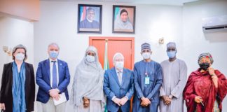 (3rd Left) The Honourable Minster of Humanitarian Affairs, Disaster Management and Social Development, Sadiya Umar Farouq, (3rd Right) The Permanent Secretary of the Ministry, Bashir Nura Alkali, (2nd Right) DirectorHumanitarianAffairs, Grema Ali Alhaji, (1st Right) Director Special Duties, Nadia Soso Muhammed (4th Right) UN - Under Secretary General, Emergency Relief Coordinator, Mr Martin Griffiths, and other dignitaries, during the Meeting between the Honourable Minster and The UN-Secretary for Humanitarian Affairs and Emergency Coordinator (USG/ERC). On 20th January, 2022.Abuja