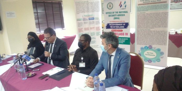 Counter Terrorism Centre, ONSA From Right: Co-founder and Deputy Director of the of Human Security Collective (HSC), Fulco van Deventer; Coordinator, CTC, ONSA, Rear Adm. YEM Musa; Dep. Head of Mission, Embassy of the Netherlands, Abuja, Amb. Ewout de Wit and Head PCVE, ONSA, Mrs Mairo Musa Abbas