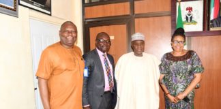 Honourable Minister of Defence, Maj Gen Bashir Salihi Magashi (2nd right), Director Press and Public Relations, Victoria Agba-Attah (first right), Special Assistant Media to HMOD, Mohammad Abdulkadir (1st right), Producer/Anchor Ministers’ Platform Programme of the Nigerian Television Authority (NTA 2), Mr. Benjamin Peters shortly after the recording of the program featuring the Hon Minister