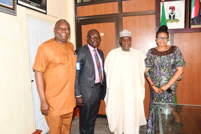 Honourable Minister of Defence, Maj Gen Bashir Salihi Magashi (2nd right), Director Press and Public Relations, Victoria Agba-Attah (first right), Special Assistant Media to HMOD, Mohammad Abdulkadir (1st right), Producer/Anchor Ministers’ Platform Programme of the Nigerian Television Authority (NTA 2), Mr. Benjamin Peters shortly after the recording of the program featuring the Hon Minister