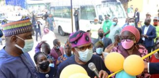(l-r) Senator (Dr.) Ibrahim Oloriegbe, Chairman Senate Committee on Health (Center) HMSH Dr. Olorunnimbe Mamora (Right) Engr. Noimot Oyedele, Deputy Governor of Ogun State