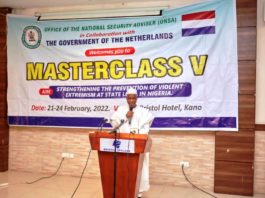 Rep of Kano State Gov. Abdullahi Umar Ganduje and the SSG of the State, Alhaji Usman Alhaji giving his remarks at the workshop