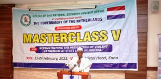 Rep of Kano State Gov. Abdullahi Umar Ganduje and the SSG of the State, Alhaji Usman Alhaji giving his remarks at the workshop