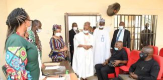The Hon. Chairman of The Federal Civil Service Commission, Dr. Tukur Bello INGAWA being taken round the Accreditation centres for the 2021 Directorate Level Examination @ the Public Service Institute of Nigeria (PSIN), Kubwa- Abuja. On his right: Permanent Secretary of the Commission, Mrs. Monilola Udoh; On his Left: Director of Promotion Dept. Alhaji Sani Bello Torankawa