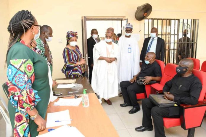 2021 Directorate Level Examination at the Public Service Institute of Nigeria The Hon. Chairman of The Federal Civil Service Commission, Dr. Tukur Bello INGAWA being taken round the Accreditation centres for the 2021 Directorate Level Examination @ the Public Service Institute of Nigeria (PSIN), Kubwa- Abuja. On his right: Permanent Secretary of the Commission, Mrs. Monilola Udoh; On his Left: Director of Promotion Dept. Alhaji Sani Bello Torankawa