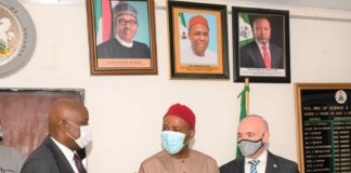 Hon. Minister of Science, Technology and Innovation Dr. Ogbonnaya Onu (middle), Permanent Secretary Federal Ministry of Science, Technology and Innovation Mr. Edet Sunday Akpan (left), Ambassador of Israel to Nigeria Mr. Michael Freeman (right) during a Courtesy Visit by the Ambassador to the Hon. Minister in Abuja.