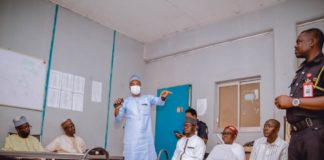 (2nd left) the Director Humanitarian Affairs, Federal Ministry of Humanitarian Affairs, Disaster Management and Social Development, Alhaji Ali Grema, (3rd left) Deputy Director Disaster Management, Dr. Ibrahim Suleiman, delivering a speech on behalf of the Honourable Minister, Sadiya Umar Farouq, at the Annual In - House training on fire awareness/ prevention and evacuation drill, organised for staff of the Ministry, at the Federal Secretariat, Abuja