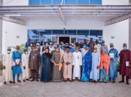 (6th Left) The Representative of the Honourable Minster of Humanitarian Affairs, Disaster Management and Social Development, Sadiya Umar Farouq, Director Special Needs, Nkechi Onwukwe, (2nd Right) The Representative of the Permanent Secretary of the Ministry, Director Braille Center Bauchi, Mallam Madugu Hassan, (5th Left) Representative of the Commissioner of Religious and Social Development, Honourable Brisca Joram Aaron, (5th Right) Director Rehab Taraba, Sarah a. Cyprin, (7th Left) Director Rehab Gombe, Sani Muktar, and others, during the Two days Training workshop on independent living for the Visually impaired held in Bauchi State, North East. On 28th March, 2022.