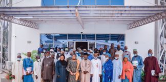 (6th Left) The Representative of the Honourable Minster of Humanitarian Affairs, Disaster Management and Social Development, Sadiya Umar Farouq, Director Special Needs, Nkechi Onwukwe, (2nd Right) The Representative of the Permanent Secretary of the Ministry, Director Braille Center Bauchi, Mallam Madugu Hassan, (5th Left) Representative of the Commissioner of Religious and Social Development, Honourable Brisca Joram Aaron, (5th Right) Director Rehab Taraba, Sarah a. Cyprin, (7th Left) Director Rehab Gombe, Sani Muktar, and others, during the Two days Training workshop on independent living for the Visually impaired held in Bauchi State, North East. On 28th March, 2022.
