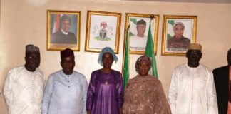 Nigerian Minister of State for Industry Trade and Investment, Amb. Mariam Yalwaji Katagum flanked to the left by the Hon. Minister of Industry and Commerce, Republic of Benin, H.E Alimatou Shadiya Assouman; 2nd left is the Director of Industrial Development Department in the Ministry, Mr. Adewale Bakare; 1st left is the Director of Industry, Republic of Benin, Mr Santos Elie and to the right is Ambassador of Nigeria to the Republic of Benin, Lt. Gen. Amb. Tukur Yusuf Burutai (Rtd) during the Ministerial Session and Signing of Resolutions and Communique of the 26th Ordinary Session of the Joint Supervisory Authority on Onigbolo cement and Save Sugar Companies in Abuja