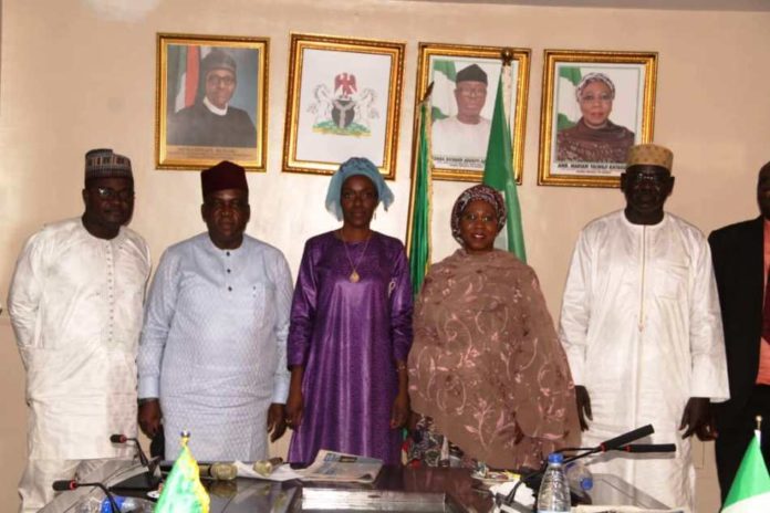 Ministerial Session and Signing of Resolutions and Communique of the 26th Ordinary Session of the Joint Supervisory Authority on Onigbolo cement and Save Sugar Companies Nigerian Minister of State for Industry Trade and Investment, Amb. Mariam Yalwaji Katagum flanked to the left by the Hon. Minister of Industry and Commerce, Republic of Benin, H.E Alimatou Shadiya Assouman; 2nd left is the Director of Industrial Development Department in the Ministry, Mr. Adewale Bakare; 1st left is the Director of Industry, Republic of Benin, Mr Santos Elie and to the right is Ambassador of Nigeria to the Republic of Benin, Lt. Gen. Amb. Tukur Yusuf Burutai (Rtd) during the Ministerial Session and Signing of Resolutions and Communique of the 26th Ordinary Session of the Joint Supervisory Authority on Onigbolo cement and Save Sugar Companies in Abuja