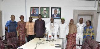 Ismaila Abubakar, Permanent Secretary Federal Ministry of Youth & Sports Devlpt; 4th right, Mr Peter Nelson, Director, National Sports Festival and Para Sports (NSF & PS) Department and others during the dissolution of the Seven Boards of Para Sports Federation today at the Permanent Secretary's Conference room in Abuja