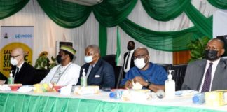 (R/L) ACTING SOLICITOR GENERAL OF THE FEDERATION AND PS, FEDERAL MINISTRY OF JUSTICE, BENJAMIN OKOLO, ESQ, CHAIRMAN INDEPENDENT CORRUPT PRACTICES & OTHER RELATED OFFENCES COMMISSION (ICPC) PROF. BOLAJI OWASANOYE. (L/R) REPRESENTATIVE OF EXECUTIVE DIRECTOR, UNODC, MS. GHADA WALY, UNODC COUNTRY REPRESENTATIVE, MR. OLIVER STOLPE AND MR. MUSA BAGOS, AT THE LAUNCH