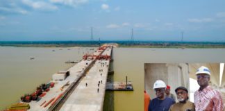 L-R : Chief of Staff to the President Professor Ibrahim Gambari , Honourable Minister of Labour and Employment Dr Chris Ngige and Honourable Minister of Works and Housing Mr Babatunde Raji Fashola SAN during the inspection of the 2nd Niger Bridge today