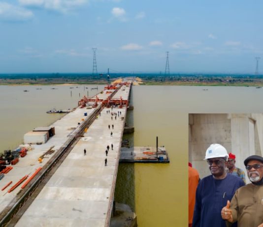 L-R : Chief of Staff to the President Professor Ibrahim Gambari , Honourable Minister of Labour and Employment Dr Chris Ngige and Honourable Minister of Works and Housing Mr Babatunde Raji Fashola SAN during the inspection of the 2nd Niger Bridge today