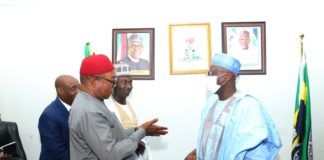 L-R: National President, Independent Petroleum Marketers Association of Nigeria (IPMAN), Elder Chinedu Okoronkwo, National President, Association of Distributors and Transporters of Petroleum Products in Nigeria (ADITOP), Alhaji Mohammed Lawal Danzaki; Minister of Police Affairs, Dr. Muhammad Maigari Dingyadi; Permanent Secretary, Temitope Fashedemi and others during a courtesy visit by IPMAN and ADITOP to the Ministry’s Headquarters in Abuja