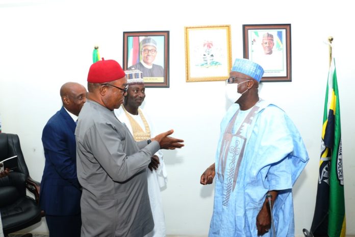 Courtesy visit by IPMAN and ADITOP2 L-R: National President, Independent Petroleum Marketers Association of Nigeria (IPMAN), Elder Chinedu Okoronkwo, National President, Association of Distributors and Transporters of Petroleum Products in Nigeria (ADITOP), Alhaji Mohammed Lawal Danzaki; Minister of Police Affairs, Dr. Muhammad Maigari Dingyadi; Permanent Secretary, Temitope Fashedemi and others during a courtesy visit by IPMAN and ADITOP to the Ministry’s Headquarters in Abuja